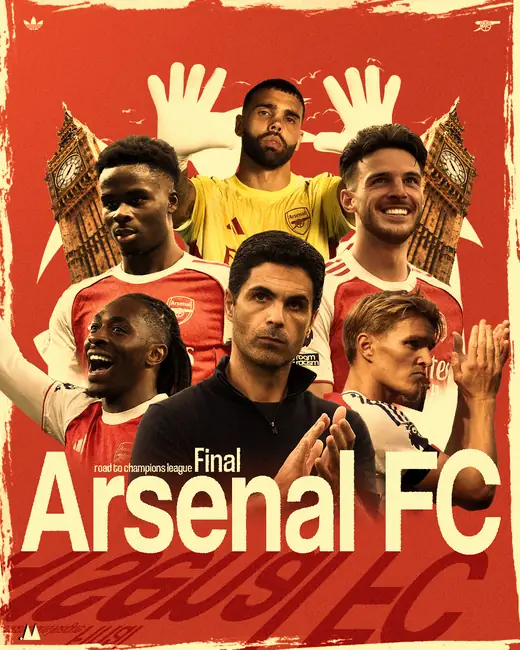 Arsenal FC squad poster marking the road to the Champions League final