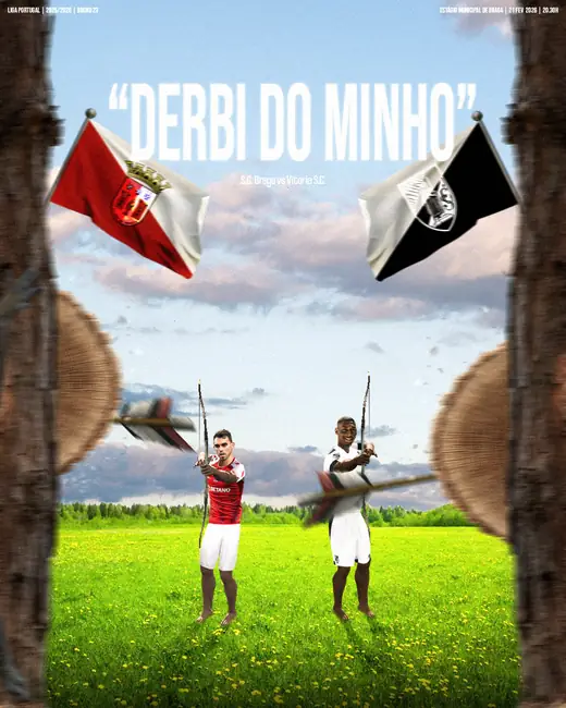 Derbi do Minho poster with two players carrying club flags