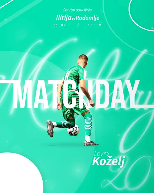 Ilirija versus Radomlje matchday poster featuring Lovro Koželj