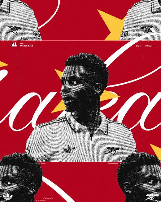 Bukayo Saka player poster in Arsenal red