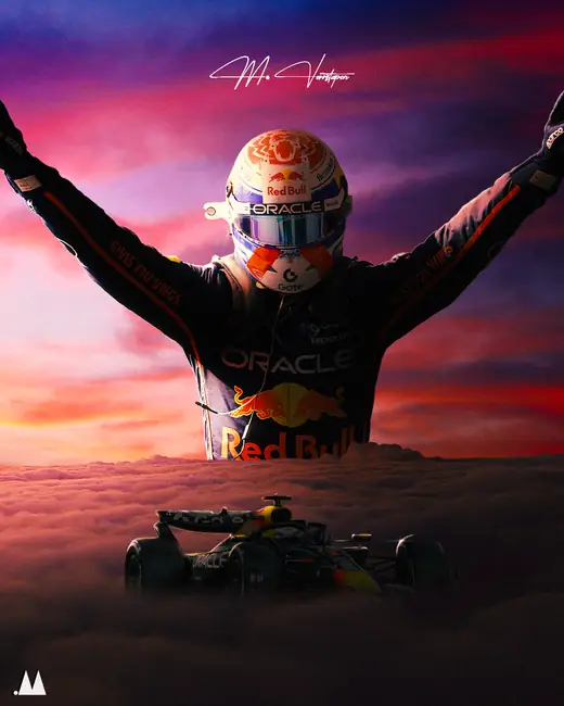 Formula 1 poster of a driver celebrating above the clouds, car below