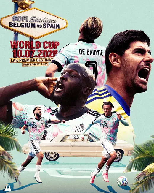 Belgium versus Spain World Cup 2026 poster set at SoFi Stadium