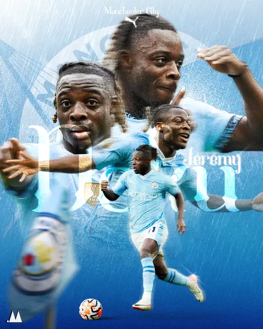 Jérémy Doku poster in Manchester City blue, rain-streaked