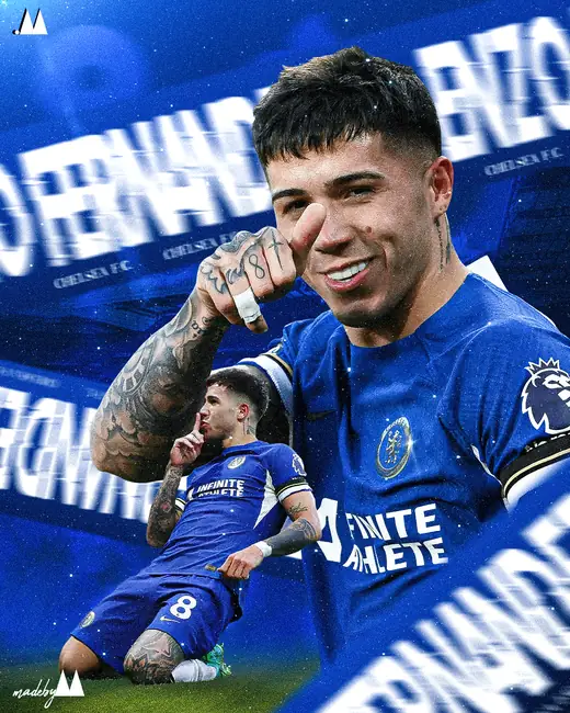 Enzo Fernández poster in Chelsea blue