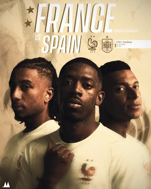 France versus Spain poster with three players in cream tones