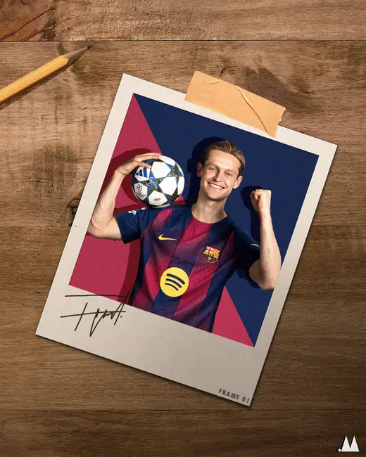 Barcelona player poster styled as a polaroid lying on a desk