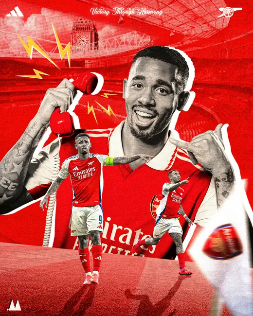Gabriel Jesus poster in Arsenal red with lightning graphics