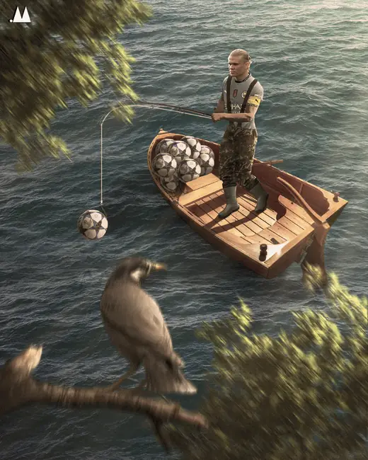 Surreal poster of a fisherman in a boat using a football as bait