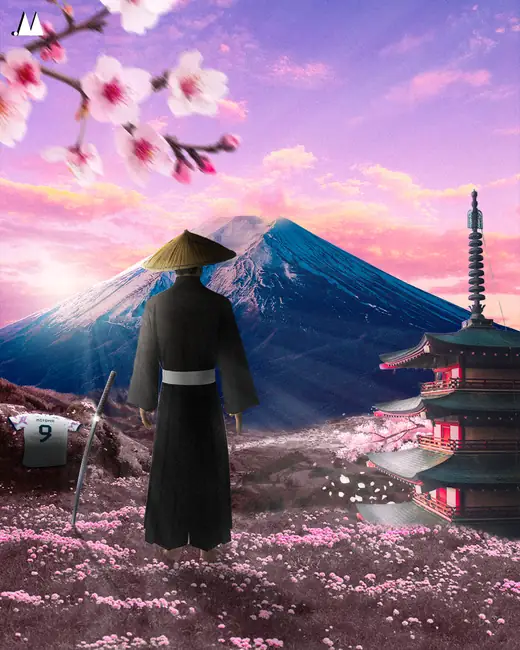 Surreal poster of a robed figure before Mount Fuji and cherry blossom