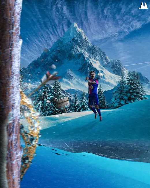 Surreal poster of a player leaping through a snowy mountain landscape