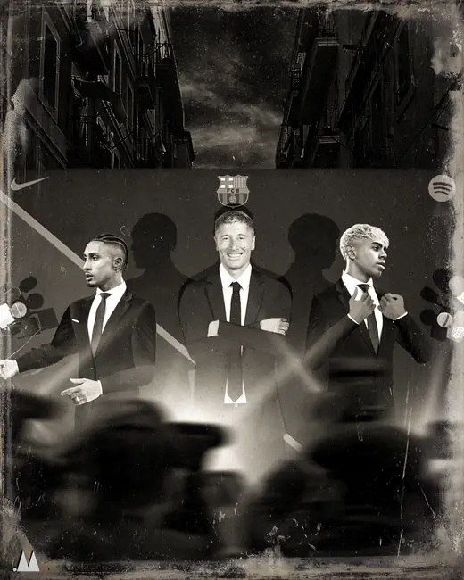 Black and white cinematic poster of figures in suits