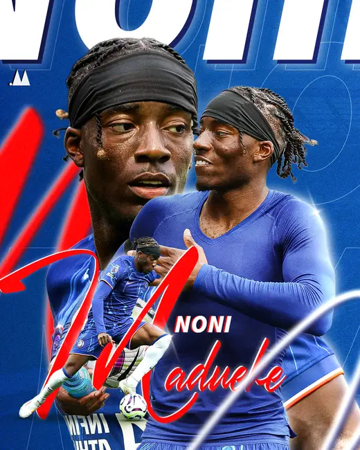 Noni Madueke poster in Chelsea blue