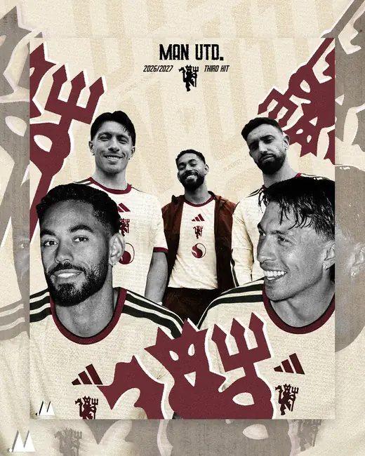 Manchester United third kit reveal poster with three players