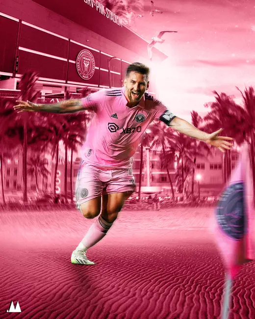 Lionel Messi poster in the Inter Miami pink kit