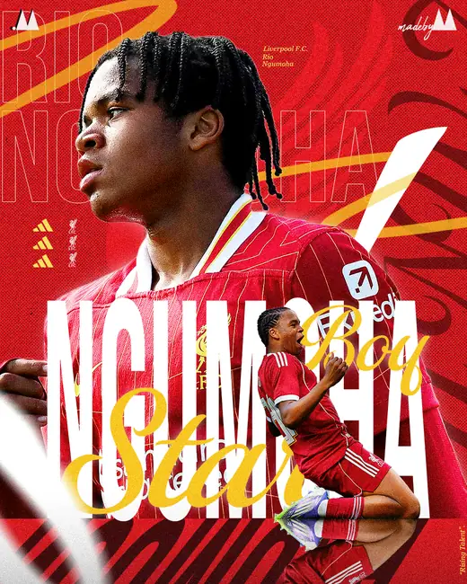 Rio Ngumoha poster in Liverpool red