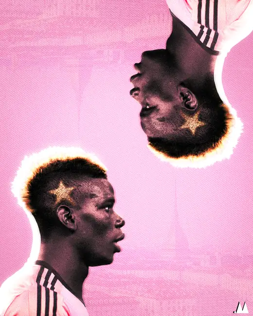Paul Pogba poster in pink and white with a mirrored portrait