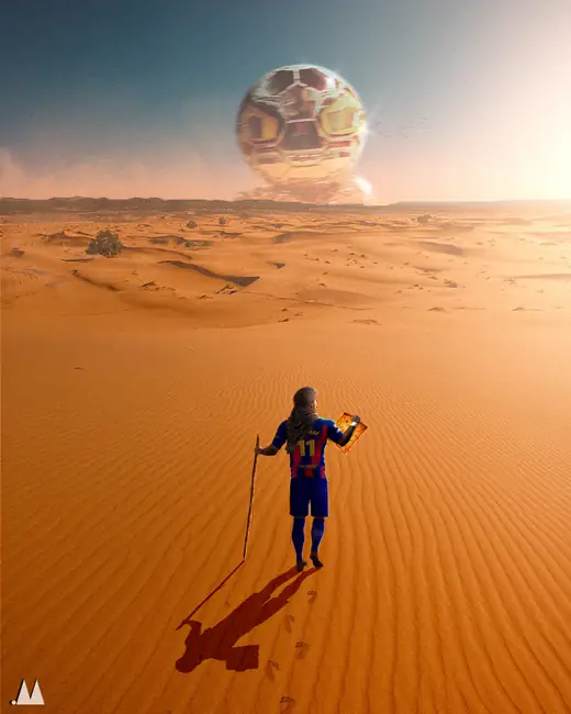 Surreal desert poster of a player hauling a giant golden ball