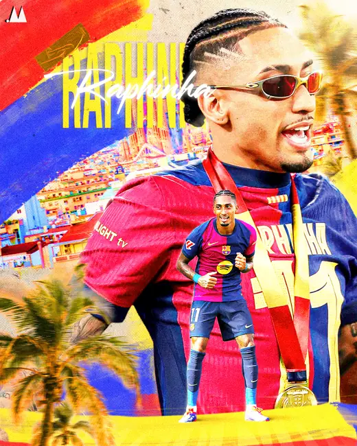 Raphinha poster in Barcelona colours holding a trophy