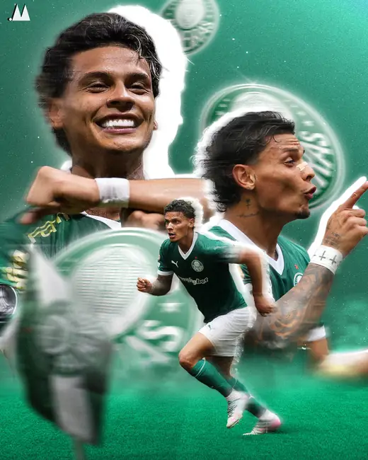 Palmeiras poster with two players celebrating in green, club crests blurred behind